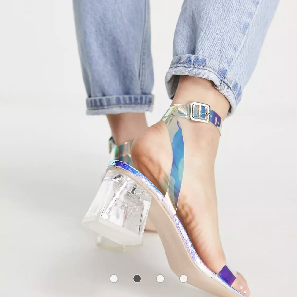 Public Desire Afternoon perspex block mid heeled sandals iridescent sz 8.5